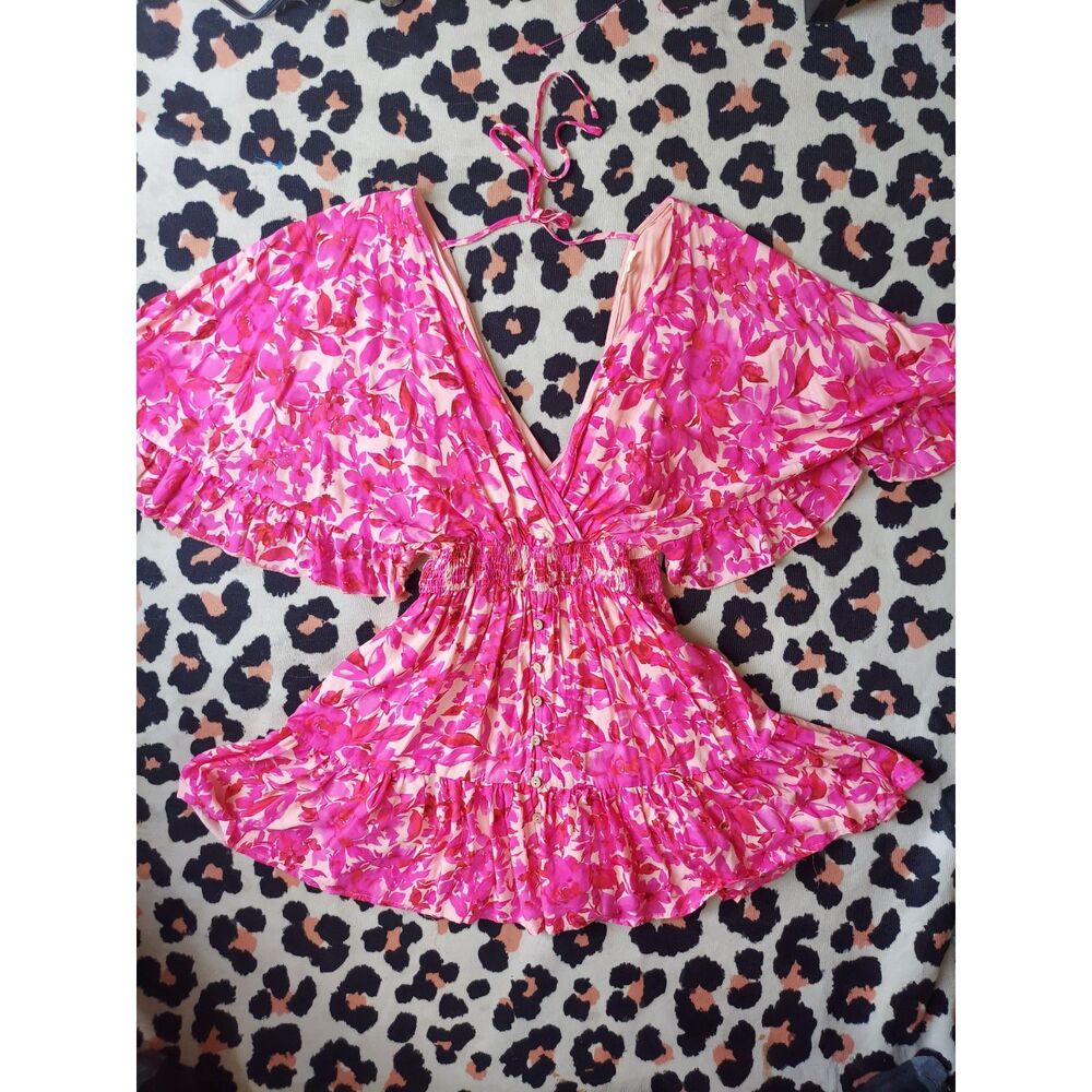 Women's Easel Romper Dress Wing Sleevees in Bright Pink Tropical Print Sz S